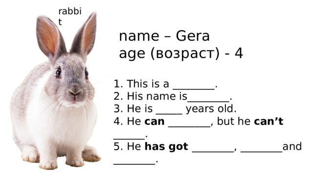 rabbit name – Gera age (возраст) - 4 1. This is a ________. 2. His name is________. 3. He is _____ years old. 4. He can ________, but he can’t ______. 5. He has got ________, ________and ________. 
