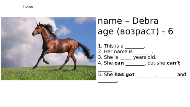 horse name – Debra age (возраст) - 6 1. This is a ________. 2. Her name is________. 3. She is _____ years old. 4. She can ________, but she can’t ______. 5. She has got ________, ________and ________. 