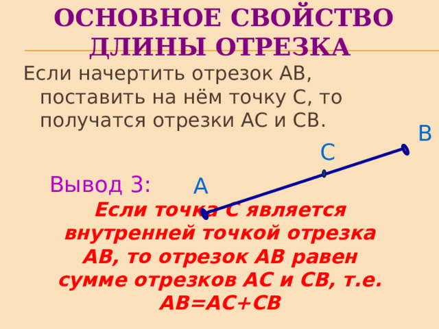 Основное Свойство длины отрезка Если начертить отрезок АВ, поставить на нём точку С, то получатся отрезки АС и СВ. В С Вывод 3: А Если точка С является внутренней точкой отрезка АВ, то отрезок АВ равен сумме отрезков АС и СВ, т.е. АВ=АС+СВ 