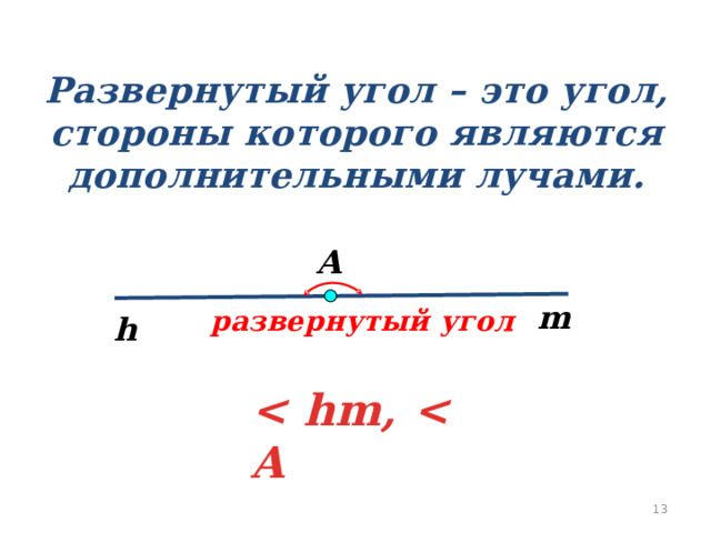 Развернутый угол – это угол, стороны которого являются дополнительными лучами. А m  развернутый угол h  9 