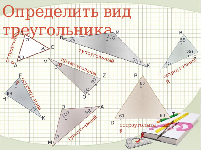 остроугольный тупоугольный 110° 45 ° остроугольный 25 ° прямоугольный 90 ° 30 ° остроугольный 60 ° тупоугольный 107 ° 27 ° 36 ° 37 ° Определить вид треугольника M R В N 55 ° 70 ° С 50 ° 80 ° S 60 ° V 45 ° K А L P F Z 64 ° 60 ° 89 ° O H D A T 60 ° 60 ° K D остроугольный M 