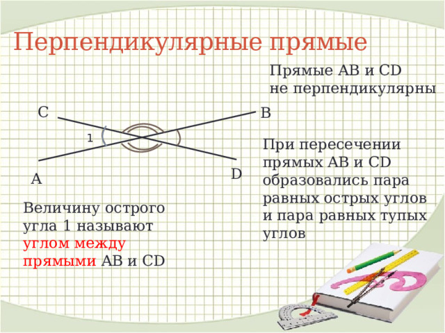 Перпендикулярные прямые Прямые AB и CD не перпендикулярны C B 1 При пересечении прямых AB и CD образовались пара равных острых углов и пара равных тупых углов D А Величину острого угла 1 называют углом между прямыми AB и CD 