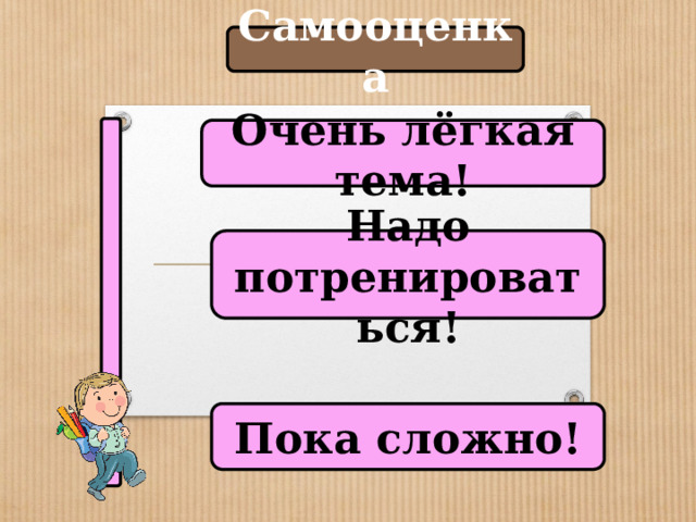 Самооценка  Очень лёгкая тема! Надо потренироваться! Пока сложно! 