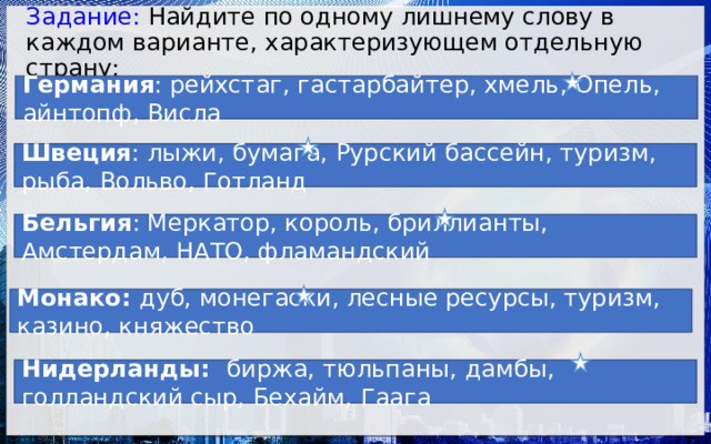  Задание: Найдите по одному лишнему слову в каждом варианте, характеризующем отдельную страну:   Германия : рейхстаг, гастарбайтер, хмель, Опель, айнтопф, Висла Швеция : лыжи, бумага, Рурский бассейн, туризм, рыба, Вольво, Готланд Бельгия : Меркатор, король, бриллианты, Амстердам, НАТО, фламандский Монако: дуб, монегаски, лесные ресурсы, туризм, казино, княжество Нидерланды: биржа, тюльпаны, дамбы, голландский сыр, Бехайм, Гаага 