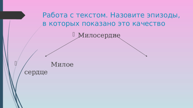 Работа с текстом. Назовите эпизоды, в которых показано это качество Милосердие  Милое сердце  