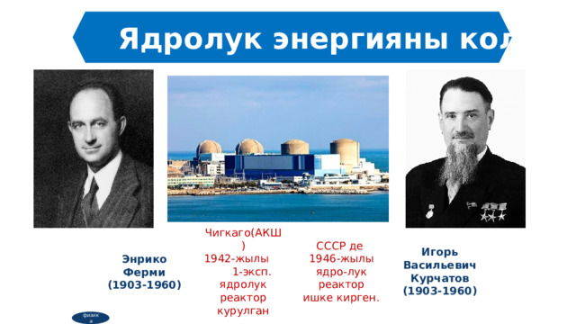 Ядролук энергияны колдонуу Игорь Васильевич Курчатов Чигкаго(АКШ) СССР де (1903-1960) 1942-жылы 1-эксп. ядролук реактор курулган 1946-жылы ядро-лук реактор ишке кирген. Энрико Ферми (1903-1960) физика  