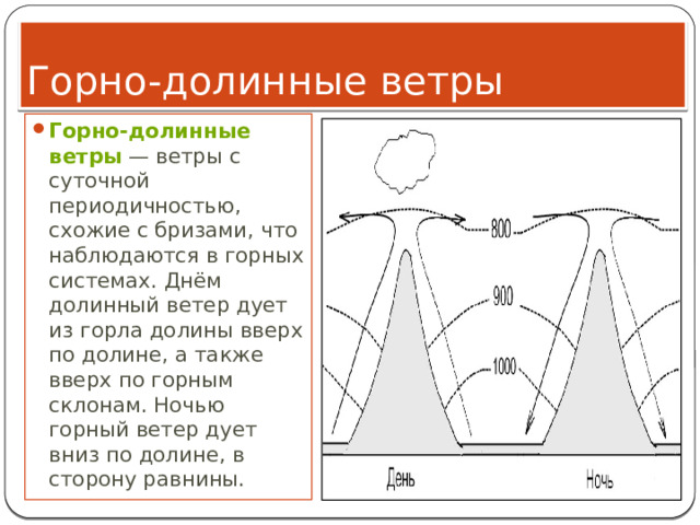 Горно-долинные ветры Горно-долинные ветры  — ветры с суточной периодичностью, схожие с бризами, что наблюдаются в горных системах. Днём долинный ветер дует из горла долины вверх по долине, а также вверх по горным склонам. Ночью горный ветер дует вниз по долине, в сторону равнины. 