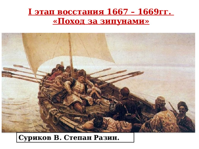 I этап восстания 1667 – 1669гг. «Поход за зипунами» Суриков В. Степан Разин. 