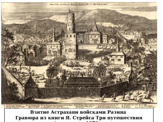 Весной 1670г. Начался второй этап восстания под предводительством Степана Разина. Восставшие захватили Царицын и подошли к хорошо укрепленной Астрахани . Город сдался без боя. Взятие Астрахани войсками Разина   Гравюра из книги Я. Стрейса Три путешествия Амстердам. 1676 г. 