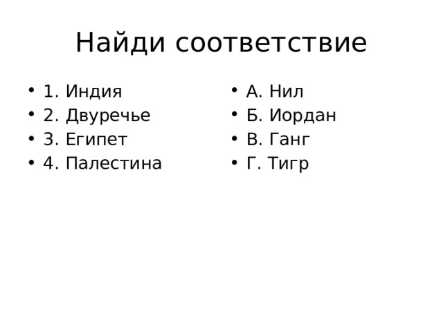 Найди соответствие 1. Индия 2. Двуречье 3. Египет 4. Палестина А. Нил Б. Иордан В. Ганг Г. Тигр 