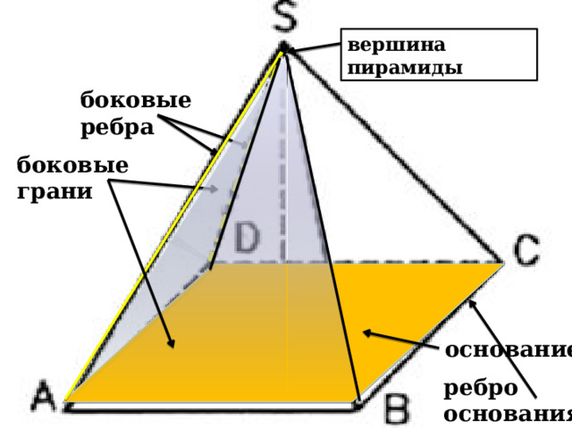 вершина пирамиды боковые ребра боковые грани основание ребро основания 