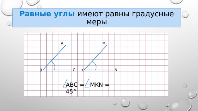 Равные углы имеют равны градусные меры A M C N B K ABC = MKN = 45° 