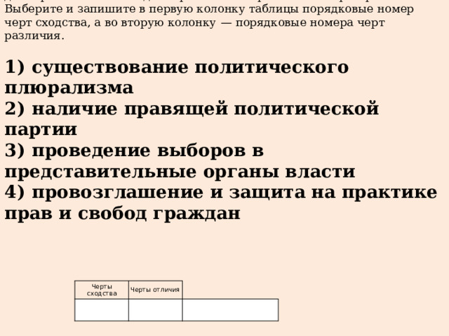 В приведённом списке указаны черты сходства и различия демократического и недемократического режимов и черты различия. Выберите и запишите в первую колонку таблицы порядковые номер черт сходства, а во вторую колонку  — порядковые номера черт различия.   1)  существование политического плюрализма 2)  наличие правящей политической партии 3)  проведение выборов в представительные органы власти 4)  провозглашение и защита на практике прав и свобод граждан   Черты сходства Черты отличия 