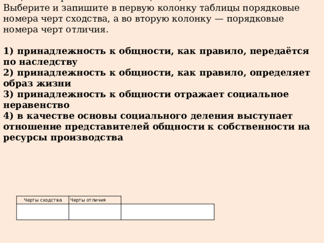 Учитель обществознания рассказывал о социальной структуре общества. Сравните такие общности, как класс и сословие. Выберите и запишите в первую колонку таблицы порядковые номера черт сходства, а во вторую колонку  — порядковые номера черт отличия.   1)  принадлежность к общности, как правило, передаётся по наследству 2)  принадлежность к общности, как правило, определяет образ жизни 3)  принадлежность к общности отражает социальное неравенство 4)  в качестве основы социального деления выступает отношение представителей общности к собственности на ресурсы производства   Черты сходства Черты отличия 