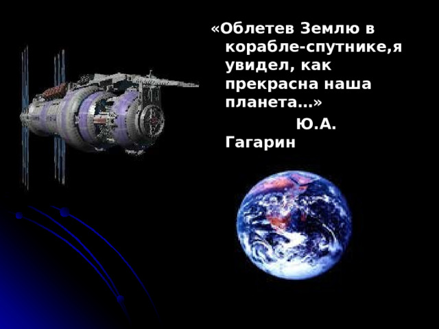 «Облетев Землю в корабле-спутнике,я увидел, как прекрасна наша планета…»  Ю.А. Гагарин 