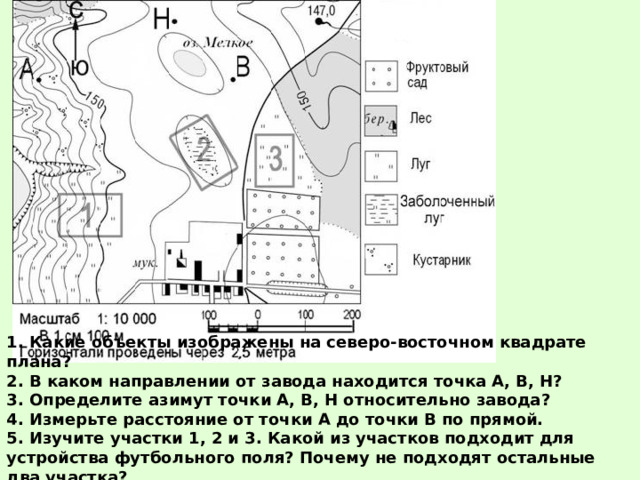 1. Какие объекты изображены на северо-восточном квадрате плана? 2. В каком направлении от завода находится точка А, В, Н? 3. Определите азимут точки А, В, Н относительно завода? 4. Измерьте расстояние от точки А до точки В по прямой. 5. Изучите участки 1, 2 и 3. Какой из участков подходит для устройства футбольного поля? Почему не подходят остальные два участка? 