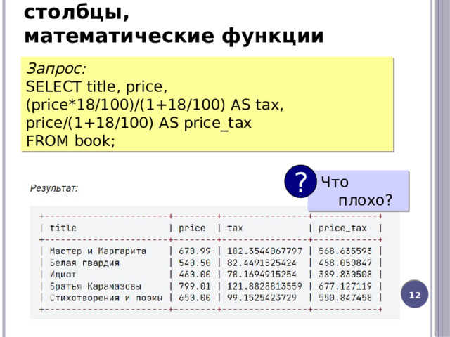 Выборка данных, вычисляемые столбцы, математические функции Запрос: SELECT title, price, (price*18/100)/(1+18/100) AS tax, price/(1+18/100) AS price_tax FROM book; ? Что плохо?  