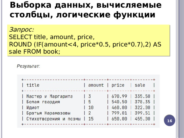 Выборка данных, вычисляемые столбцы, логические функции Запрос: SELECT title, amount, price, ROUND (IF(amount12 