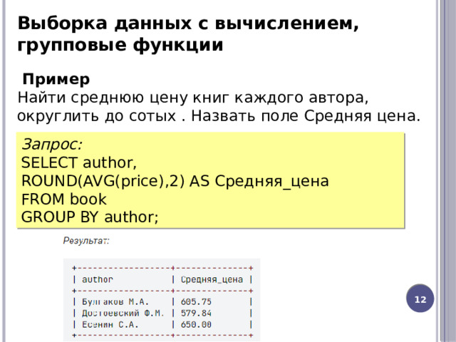 Выборка данных c вычислением, групповые функции   Пример Найти среднюю цену книг каждого автора, округлить до сотых . Назвать поле Средняя цена. Запрос: SELECT author, ROUND(AVG(price),2) AS Средняя_цена FROM book GROUP BY author; 8 