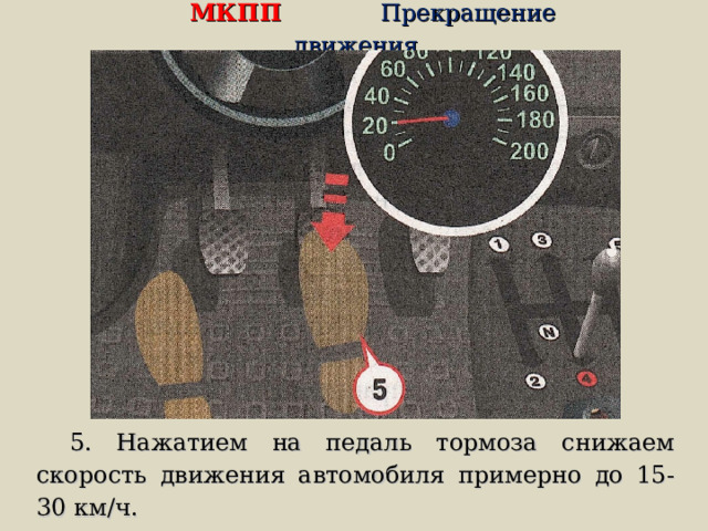 МКПП Прекращение движения 5. Нажатием на педаль тормоза снижаем скорость движения автомобиля примерно до 15-30 км/ч.  