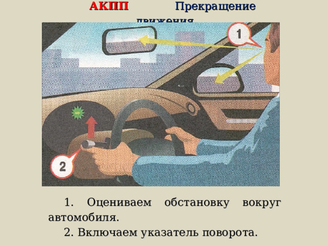 АКПП Прекращение движения 1. Оцениваем обстановку вокруг автомобиля. 2. Включаем указатель поворота.  