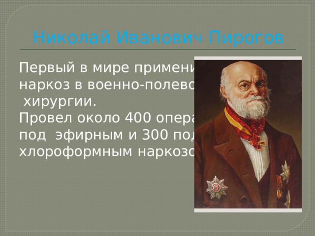 Николай Иванович Пирогов Первый в мире применил наркоз в военно-полевой  хирургии. Провел около 400 операций под эфирным и 300 под хлороформным наркозом. 
