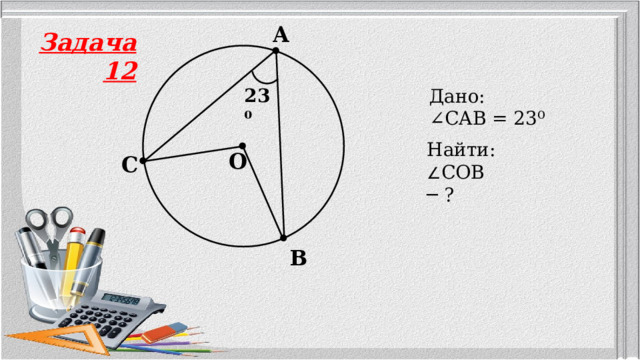 A Задача 12 23⁰ Дано: ∠ CAB = 23⁰ Найти: ∠ COB ─ ? O C B 