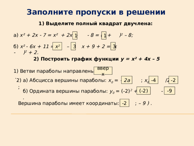 Заполните пропуски в решении Выделите полный квадрат двучлена:  а) x² + 2x  7 = x² + 2х + - 8 = (х + ) 2 – 8;   1 1 3 3 х 2 б) x²   6x + 11 = – 2· х + 9 + 2 = (х - ) 2 + 2.  2) Построить график функции y = x² + 4x – 5 вверх 1) Ветви параболы направлены . 2) а) Абсцисса вершины параболы: х 0 = -b/ ; х 0 = /2 = ; 2a -4 -2  б) Ордината вершины параболы: y 0 = (-2) 2 + 4 - 5 = . -9 (-2) Вершина параболы имеет координаты: ( ; – 9 ) . -2 