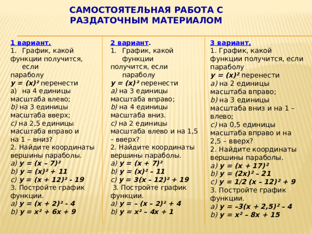 Самостоятельная работа с раздаточным Материалом 2 вариант . 3 вариант. 1 вариант. График, какой 1. График, какой функции получится, если параболу График, какой функции функции получится, если y = (x)² перенести получится, если параболу a) на 2 единицы масштаба вправо; параболу y = (x)² перенести y = (x)² перенести b) на 3 единицы масштаба вниз и на 1 – влево; a) на 3 единицы масштаба вправо; c) на 0,5 единицы масштаба вправо и на 2,5 – вверх? b) на 4 единицы масштаба вниз. на 4 единицы c) на 2 единицы масштаба влево и на 1,5 – вверх? 2. Найдите координаты вершины параболы. масштаба влево; a) y = (x + 17)² 2. Найдите координаты вершины параболы. b) на 3 единицы b) y = (2x)² – 21  a) y = (x + 7)² масштаба вверх; c) на 2,5 единицы масштаба вправо и c) y = 1/2 (x – 12)² + 9 b) y = (x)² – 11  3. Постройте график функции. на 1 – вниз? c) y = 3(x – 12)² + 19 2. Найдите координаты   3. Постройте график функции. a) y = –3(x + 2,5)² – 4 a) y = – (x – 2)² + 4 вершины параболы. b) y = x² – 8x + 15 b) y = x² – 4x + 1 a)  y = (x – 7)² b) y = (x)² + 11  c) y = (x + 12)² - 19 3. Постройте график функции. a) y = (x + 2)² - 4 b) y = x² + 6x + 9 