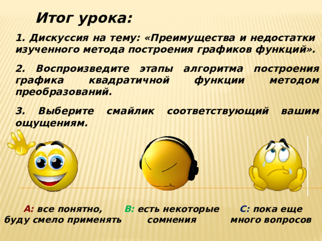 Итог урока: 1. Дискуссия на тему: «Преимущества и недостатки изученного метода построения графиков функций». 2. Воспроизведите этапы алгоритма построения графика квадратичной функции методом преобразований. 3. Выберите смайлик соответствующий вашим ощущениям. А:  все понятно, С: пока еще много вопросов В:  есть некоторые сомнения буду смело применять 
