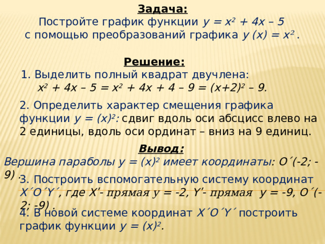 Задача: Постройте график функции y = x 2 + 4x – 5  с помощью преобразований графика y (x) = x ²  . Решение:  1. Выделить полный квадрат двучлена:   x 2 + 4x – 5 = x 2 + 4x + 4 – 9 = (x+2) 2 – 9. 2. Определить характер смещения графика функции y = (x) 2 :  сдвиг вдоль оси абсцисс влево на 2 единицы, вдоль оси ординат – вниз на 9 единиц. Вывод:  Вершина параболы y = (x) 2 имеет координаты : O΄(-2; -9) . 3. Построить вспомогательную систему координат X΄O΄Y΄ , где X ʹ- прямая y = -2, Y ʹ- прямая y = -9, O΄(-2; -9) . 4.  В новой системе координат X΄O΄Y΄ построить график функции y = (x) 2 .  