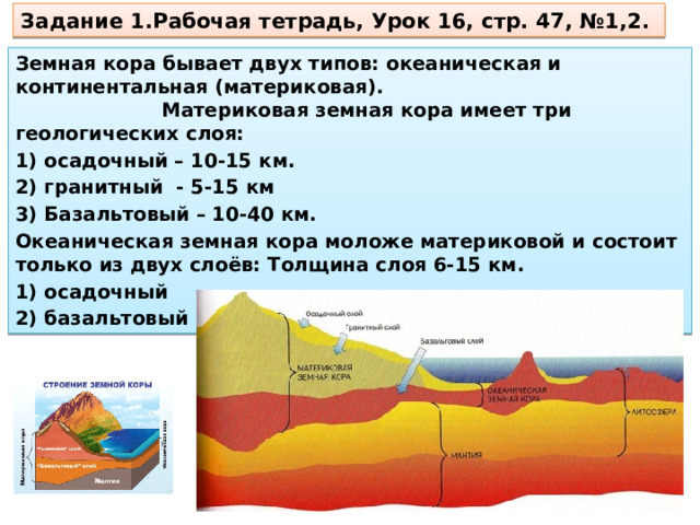 Задание 1.Рабочая тетрадь, Урок 16, стр. 47, №1,2. Земная кора бывает двух типов: океаническая и континентальная (материковая). Материковая земная кора имеет три геологических слоя: 1) осадочный – 10-15 км. 2) гранитный - 5-15 км 3) Базальтовый – 10-40 км. Океаническая земная кора моложе материковой и состоит только из двух слоёв: Толщина слоя 6-15 км. 1) осадочный 2) базальтовый 