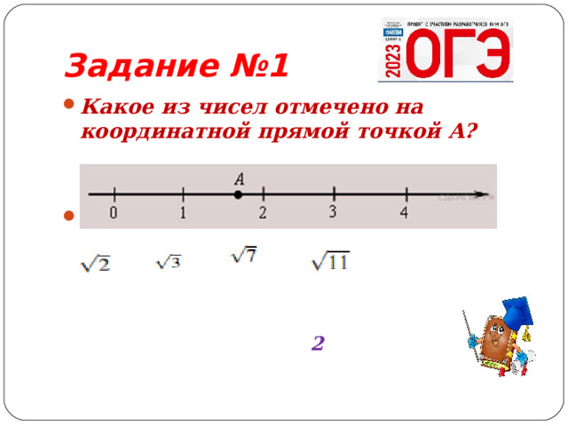 Задание №1 Какое из чисел отмечено на координатной прямой точкой A?   1) 2) 4) 5) 2 