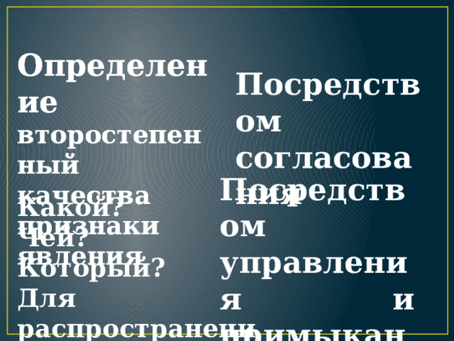  Определение  Определение второстепенный второстепенный качества качества признаки признаки явления явления  Посредством согласования  Посредством управления и примыкания Какой? Чей? Который? Для распространения 