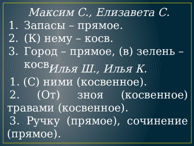 Максим С., Елизавета С. Запасы – прямое. (К) нему – косв. Город – прямое, (в) зелень – косв. Илья Ш., Илья К. 1. (С) ними (косвенное). 2. (От) зноя (косвенное) травами (косвенное). 3. Ручку (прямое), сочинение (прямое). 