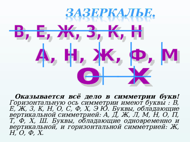  Оказывается всё дело в симметрии букв! Горизонтальную ось симметрии имеют буквы : В, Е, Ж, 3, К, Н, О, С, Ф, X , Э Ю. Буквы, обладающие вертикальной симметрией: А, Д, Ж, Л, М, Н, О, П, Т, Ф, Х, Ш. Буквы, обладающие одновременно и вертикальной, и горизонтальной симметрией: Ж, Н, О, Ф, Х. 