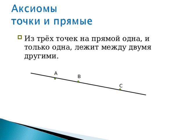 Из трёх точек на прямой одна, и только одна, лежит между двумя другими. А В С  