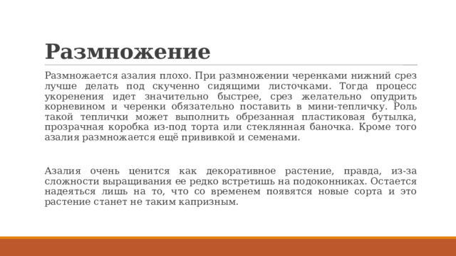 Размножение Размножается азалия плохо. При размножении черенками нижний срез лучше делать под скученно сидящими листочками. Тогда процесс укоренения идет значительно быстрее, срез желательно опудрить корневином и черенки обязательно поставить в мини-тепличку. Роль такой теплички может выполнить обрезанная пластиковая бутылка, прозрачная коробка из-под торта или стеклянная баночка. Кроме того азалия размножается ещё прививкой и семенами. Азалия очень ценится как декоративное растение, правда, из-за сложности выращивания ее редко встретишь на подоконниках. Остается надеяться лишь на то, что со временем появятся новые сорта и это растение станет не таким капризным. 