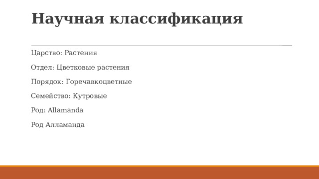 Научная классификация   Царство: Растения Отдел: Цветковые растения Порядок: Горечавкоцветные Семейство: Кутровые Род: Allamanda Род Алламанда 