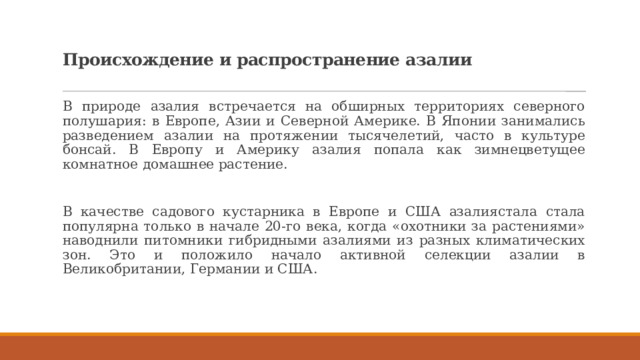   Происхождение и распространение азалии   В природе азалия встречается на обширных территориях северного полушария: в Европе, Азии и Северной Америке. В Японии занимались разведением азалии на протяжении тысячелетий, часто в культуре бонсай. В Европу и Америку азалия попала как зимнецветущее комнатное домашнее растение. В качестве садового кустарника в Европе и США азалиястала стала популярна только в начале 20-го века, когда «охотники за растениями» наводнили питомники гибридными азалиями из разных климатических зон. Это и положило начало активной селекции азалии в Великобритании, Германии и США. 