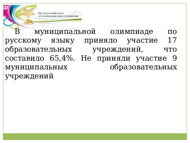 В муниципальной олимпиаде по русскому языку приняло участие 17 образовательных учреждений, что составило 65,4%. Не приняли участие 9 муниципальных образовательных учреждений . 