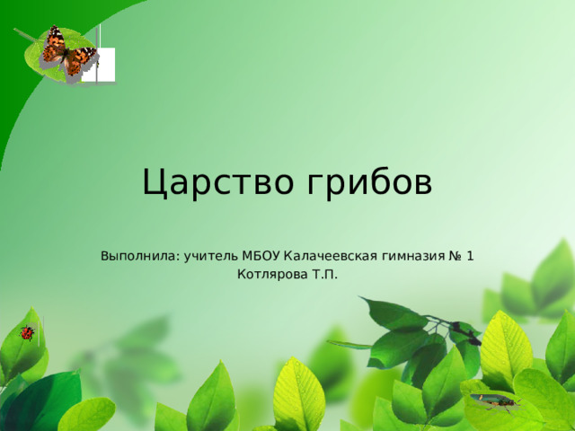 Царство грибов Выполнила: учитель МБОУ Калачеевская гимназия № 1 Котлярова Т.П. 