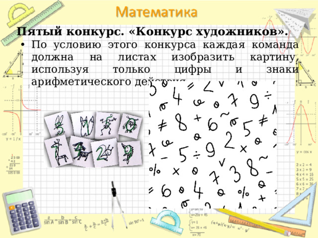 Пятый конкурс. «Конкурс художников».    По условию этого конкурса каждая команда должна на листах изобразить картину, используя только цифры и знаки арифметического действия. 