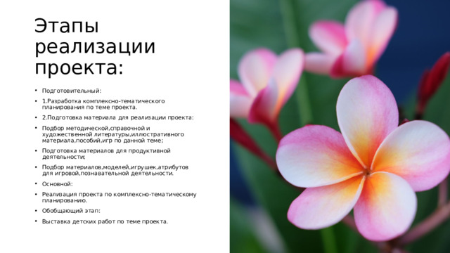 Этапы реализации проекта: Подготовительный: 1.Разработка комплексно-тематического планирования по теме проекта. 2.Подготовка материала для реализации проекта: Подбор методической,справочной и художественной литературы,иллюстративного материала,пособий,игр по данной теме; Подготовка материалов для продуктивной деятельности; Подбор материалов,моделей,игрушек,атрибутов для игровой,познавательной деятельности. Основной: Реализация проекта по комплексно-тематическому планированию. Обобщающий этап: Выставка детских работ по теме проекта. 