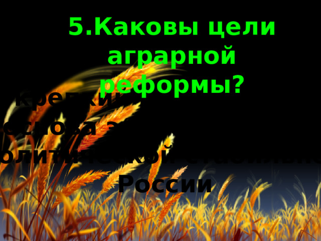 5.Каковы цели аграрной реформы? крепкий крестьянин- основа экономической  и политической стабильности  России 