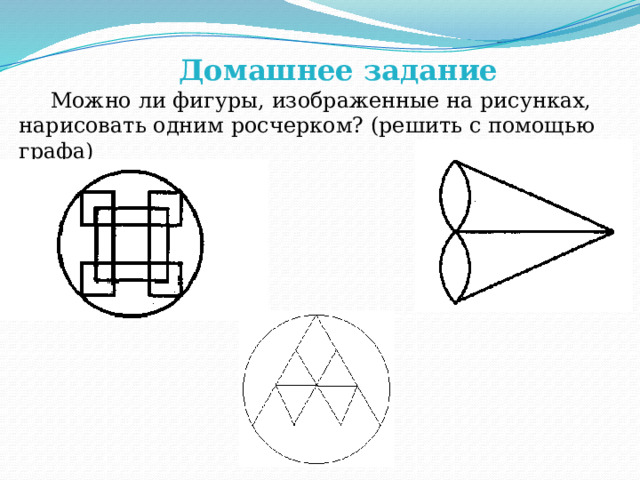 Домашнее задание Можно ли фигуры, изображенные на рисунках, нарисовать одним росчерком? (решить с помощью графа) 