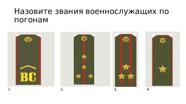 Назовите звания военнослужащих по погонам 1. 2. 4. 3. 