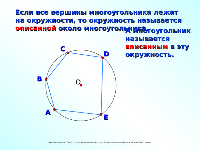 Если все вершины многоугольника лежат на окружности, то окружность называется описанной около многоугольника. А многоугольник называется вписанным в эту окружность. С D В О А E Черноволова Е.В. Севастопольский кадетский корпус Следственного комитета РФ им В.И.Истомина 17 