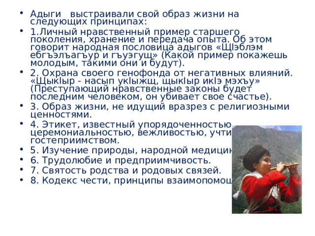 Адыги выстраивали свой образ жизни на следующих принципах: 1.Личный нравственный пример старшего поколения, хранение и передача опыта. Об этом говорит народная пословица адыгов «ЩIэблэм ебгъэлъагъур и гъуэгущ» (Какой пример покажешь молодым, такими они и будут). 2. Охрана своего генофонда от негативных влияний. «ЩыкIыр - насып укIыжщ, щыкIыр икIэ мэхъу» (Преступающий нравственные законы будет последним человеком, он убивает свое счастье). 3. Образ жизни, не идущий вразрез с религиозными ценностями. 4. Этикет, известный упорядоченностью, церемониальностью, вежливостью, учтивостью, гостеприимством. 5. Изучение природы, народной медицины. 6. Трудолюбие и предприимчивость. 7. Святость родства и родовых связей. 8. Кодекс чести, принципы взаимопомощи и т.д.  