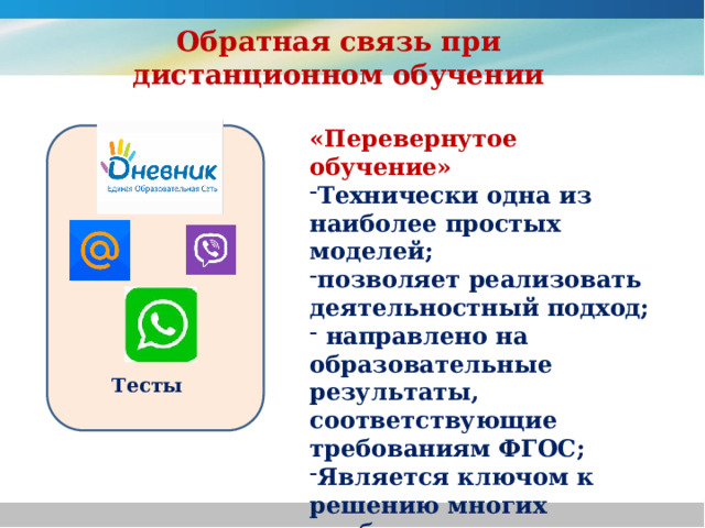 Обратная связь при дистанционном обучении «Перевернутое обучение» Технически одна из наиболее простых моделей; позволяет реализовать деятельностный подход;  направлено на образовательные результаты, соответствующие требованиям ФГОС; Является ключом к решению многих проблем Тесты 